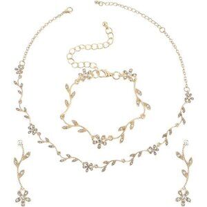 Gold Bridal Jewelry Set Crystal Necklace Earrings Bracelet Wedding Rhinestone